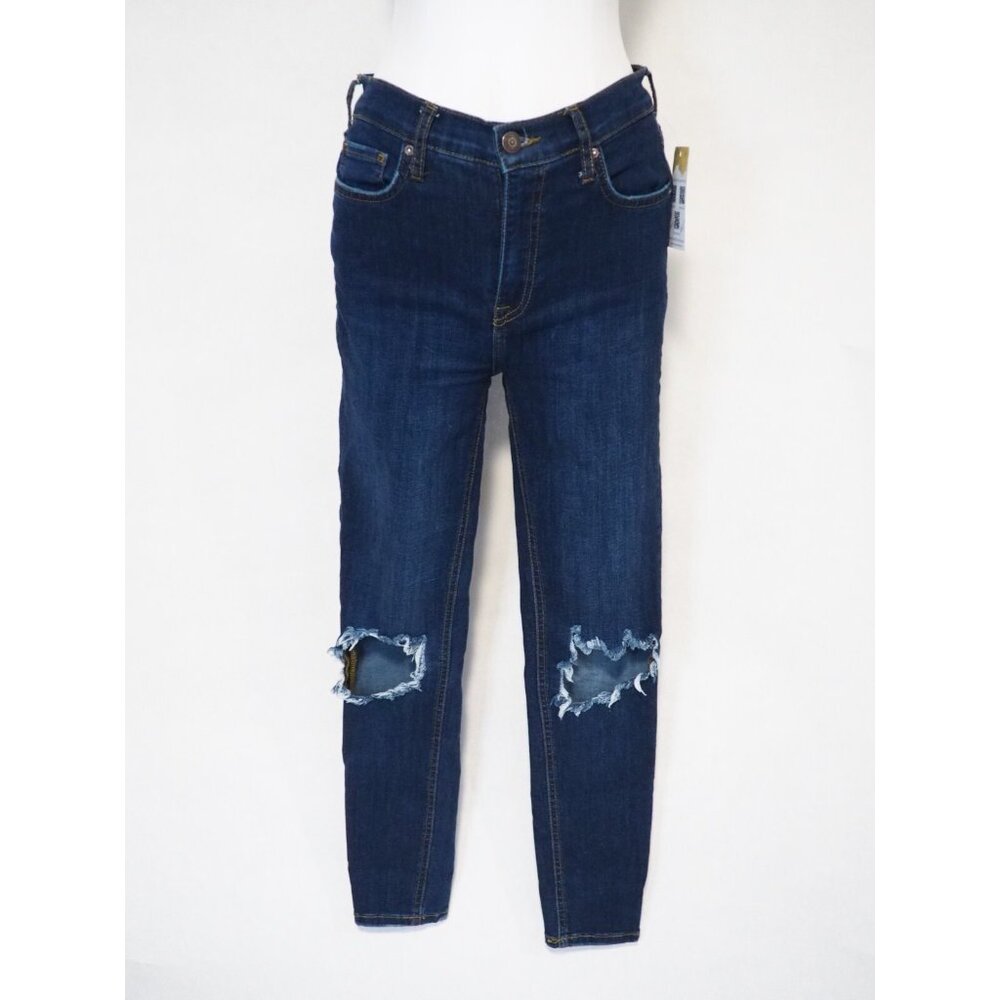 Free People Dark Wash Skinny Distressed Blue Jeans, Size 28